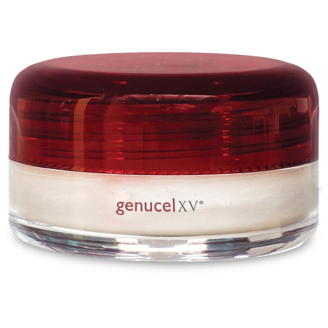 Jar of Genucel XV cream with red lid on a white background