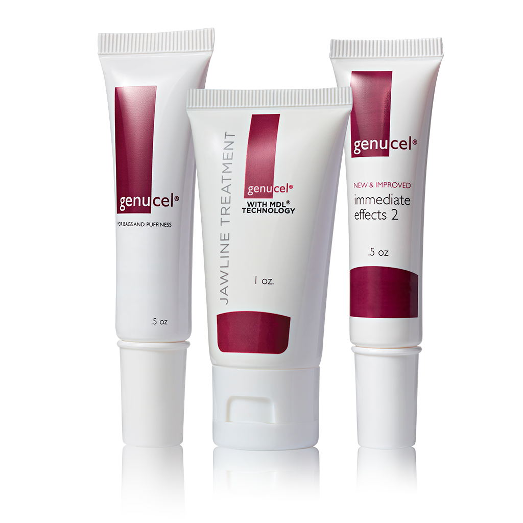 Three tubes of Genucel skincare products on a white background
