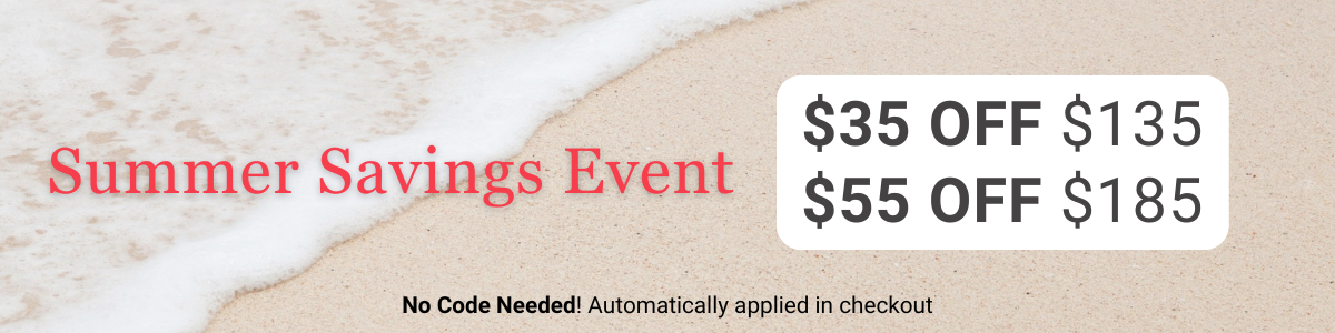 Summer Savings Event banner with discount information on a beige background